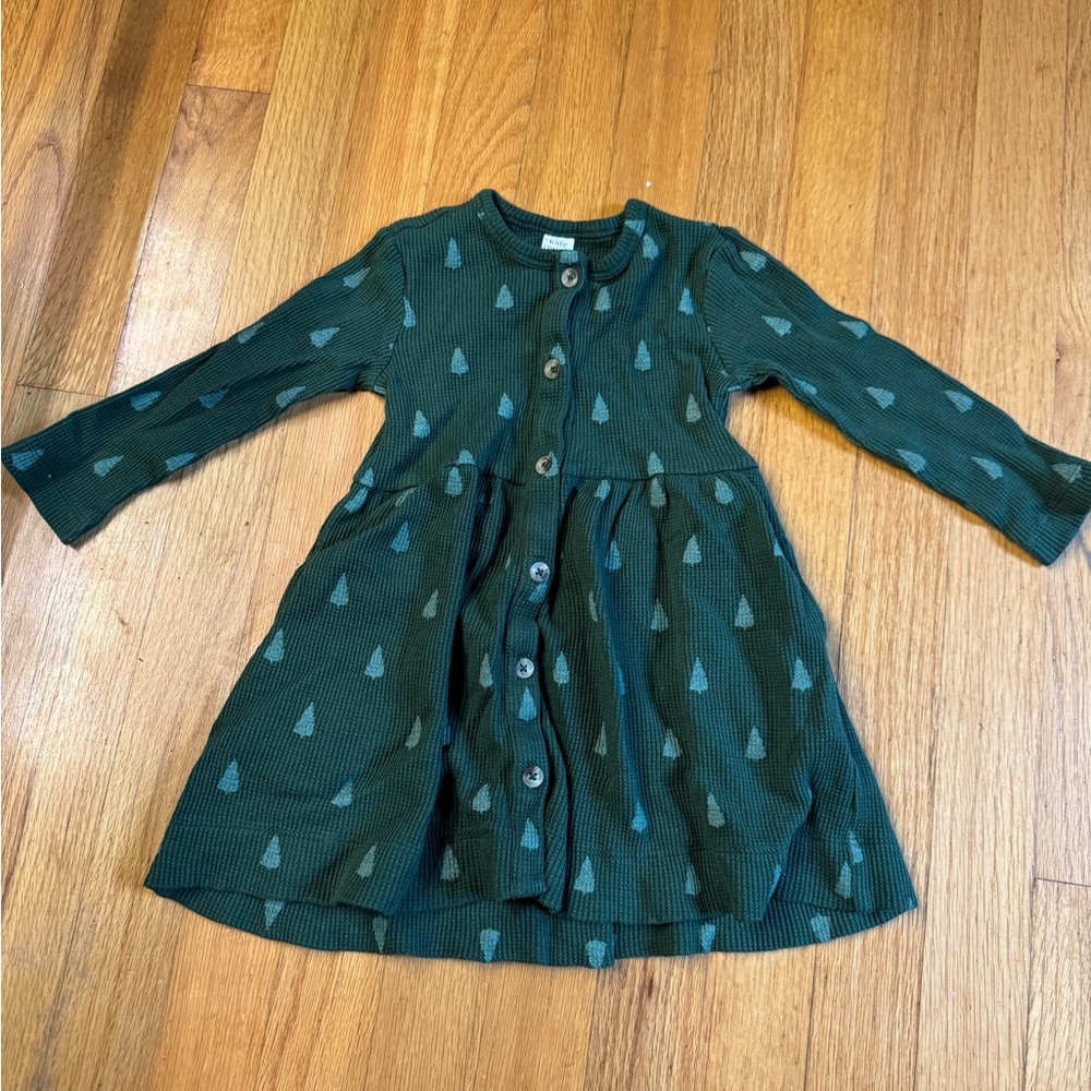 Kate Quinn Forest Green Kids Dress with Tree Pattern